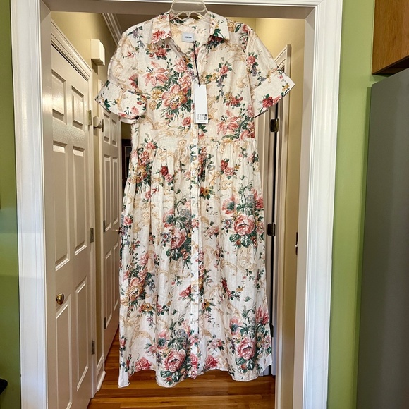 $1645 Erdem Ecru Multi Flared Cuff Fit & Flare Floral Linen Shirt Dress Size 12 - Picture 7 of 11